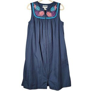 Go Softly Patio Womens Blue Embroidered Feathers Mumu Lounge House Dress Small